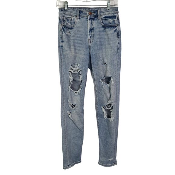 American Eagle AEO Denim Blue Mom Jean Distressed High Rise Size 2 R - Picture 1 of 10